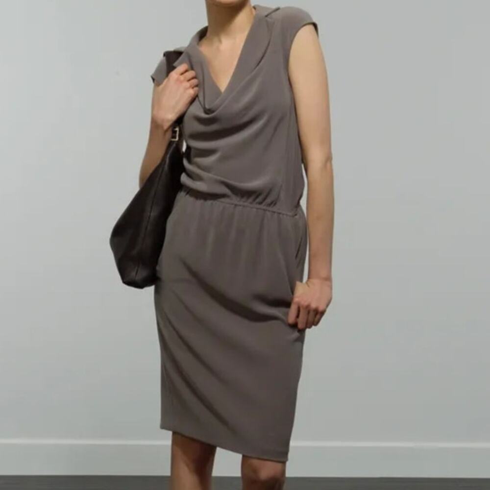 St john cowl neck sheath dress toupe minimalist executive business casual office